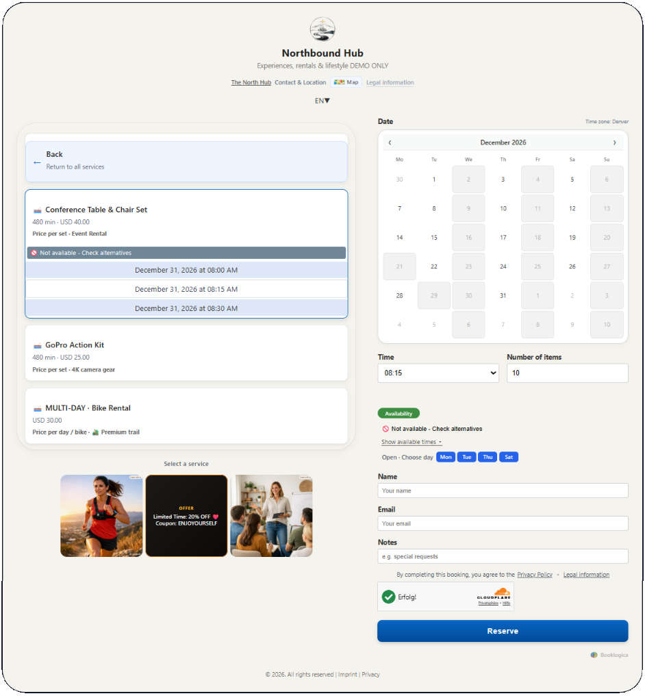 Booklogica booking page showing services and availability